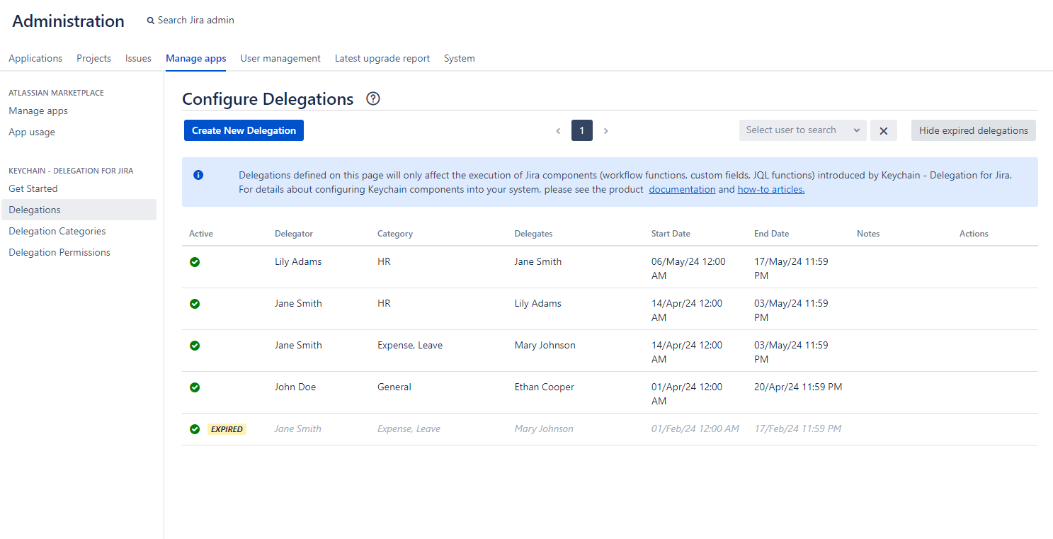 Create delegations for your users. Configure category-based delegations with pre-set date windows.