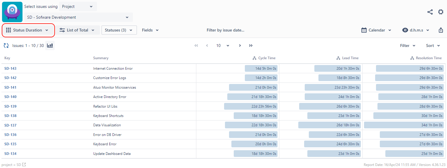 Define Consolidated Columns to see the total time spent on a group of statuses. Ideal for getting reports on metrics like Cycle Time, Lead Time, Resolution Time, etc.
