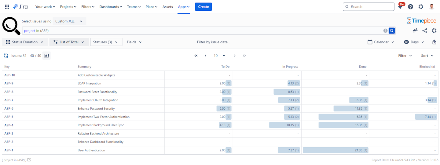 Status Duration Report with Status Columns