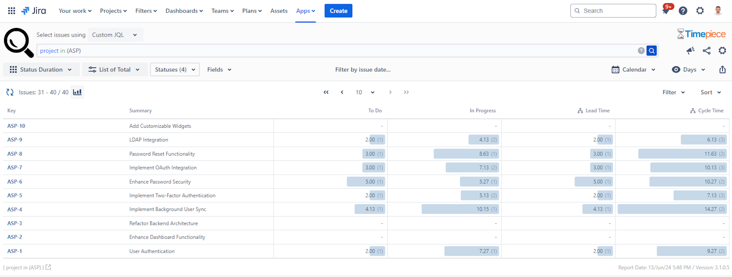 Sttus Duration Report with Consolidated Columns for Lead Time and Cycle Time Metrics