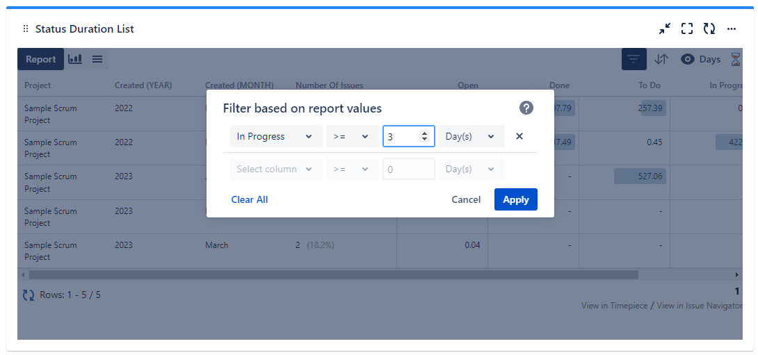 Timepiece Jira Dashboard Gadget showing a Filter panel