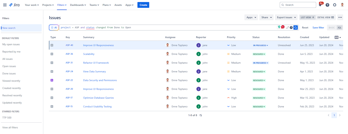 Jira issues that transitioned from Done to Open in their lifetime. In other words, Reopened Issues.