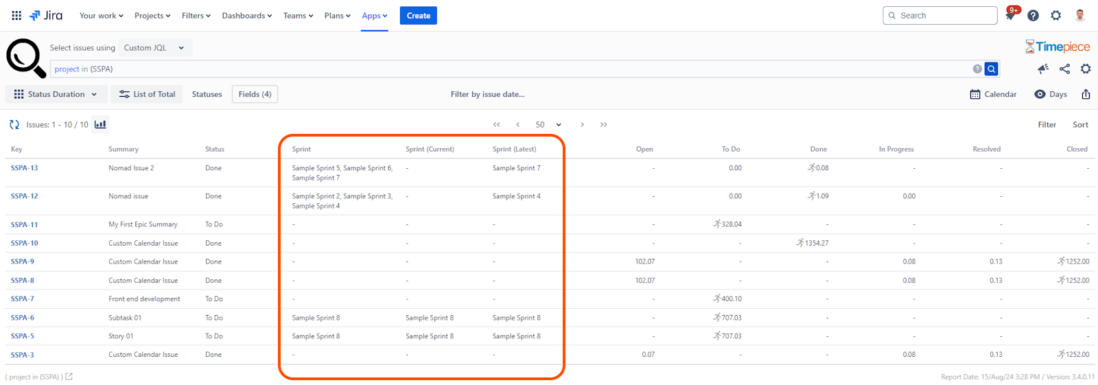 Sprint fields added as columns to a Timepiece list report