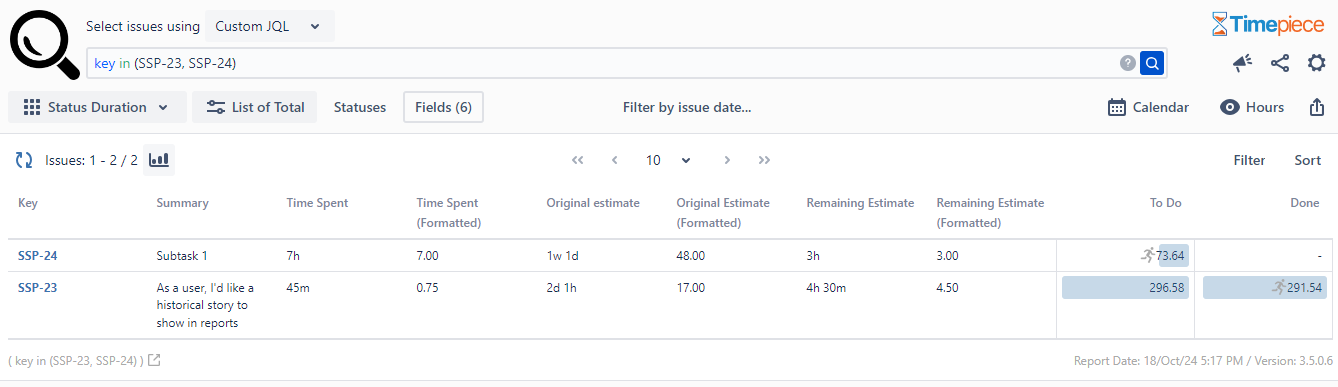 Next to each Jira time field, you can see the matching "Formatted" field introduced by Timepiece.