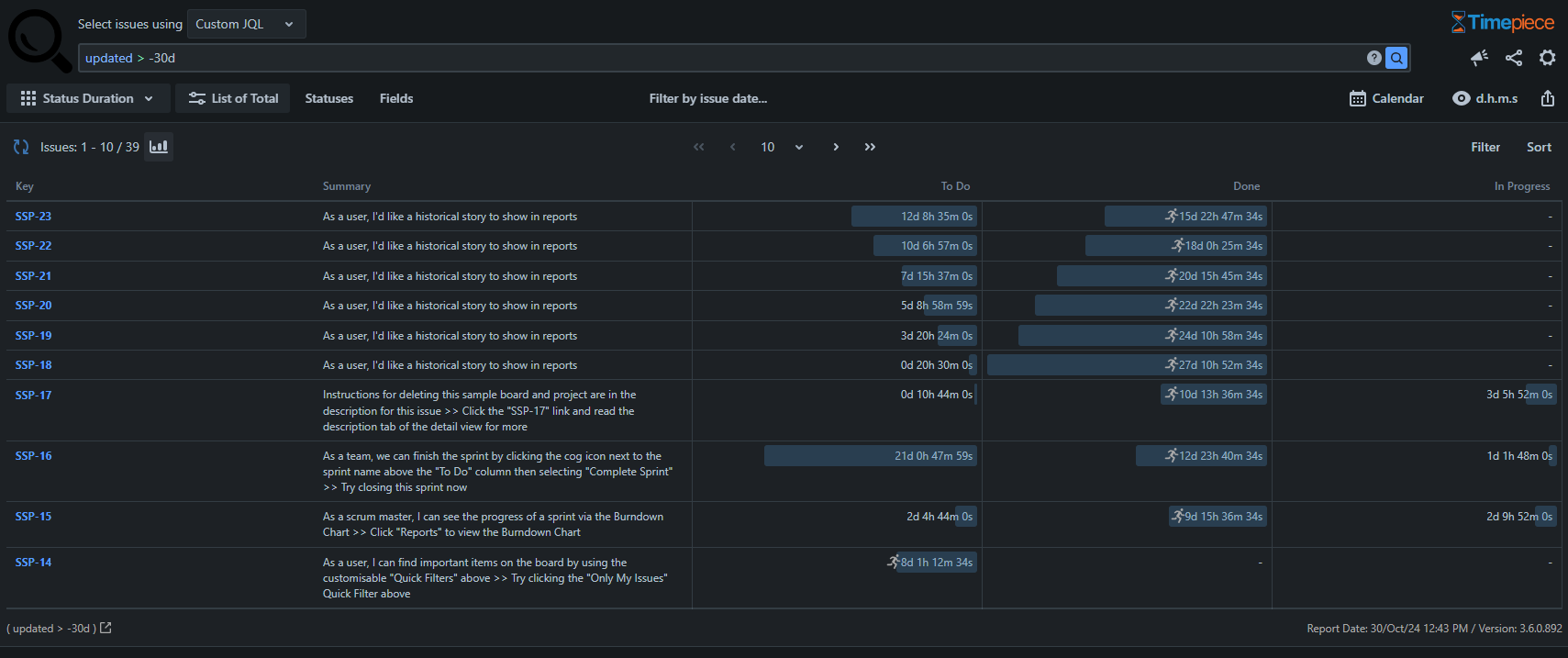 Timepiece  - Time in Status for Jira, main reporting page displayed in Dark Mode.