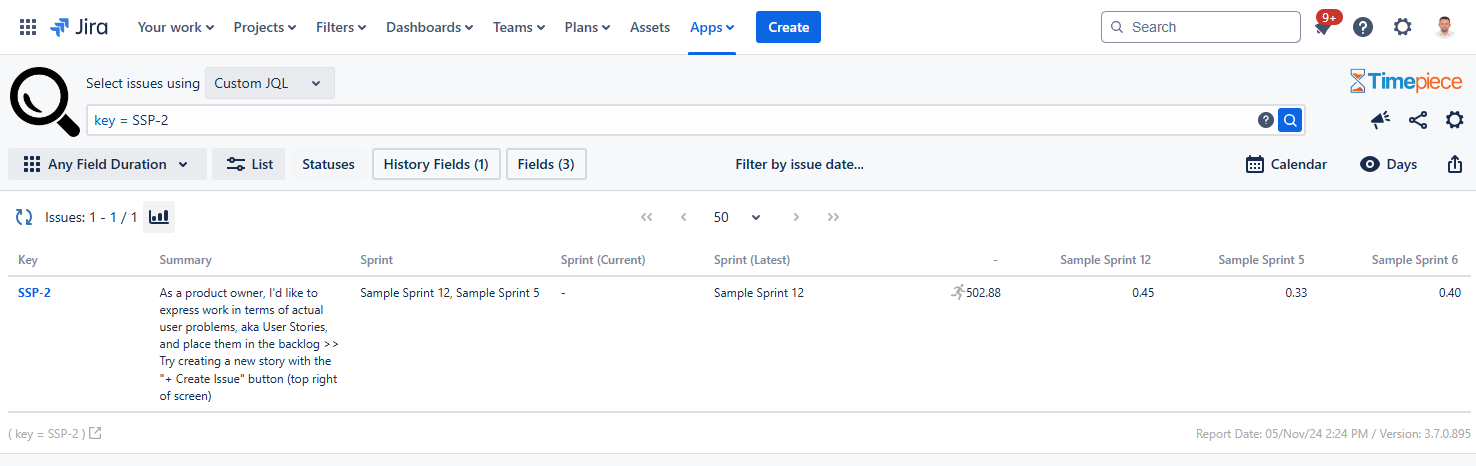 Any Field Duration report of Timepece, showing how much time an issue spent in each sprint