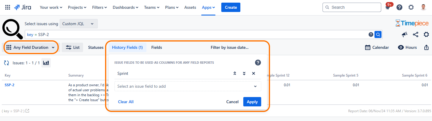 To get a Timepiece reports that shows how much time each issue spent in each Sprint, you just switch to an Any Field Duration report and select the Sprint field as the history field.