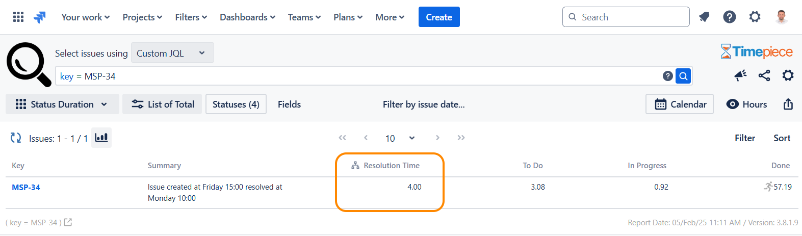 A sample Timepiece - Time in Status report, for the same issue, based on a custom calendar. This makes it possible to Exclude Non-Working Hours from Jira Time Reports