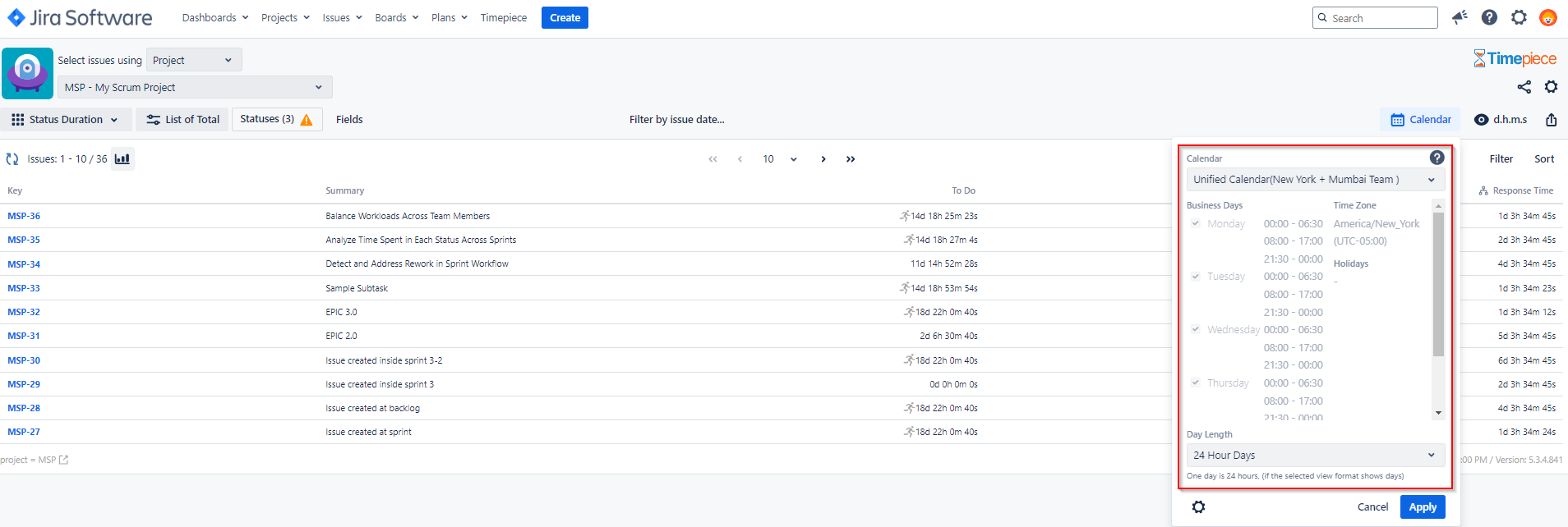 Status Duration report based on unified calendar