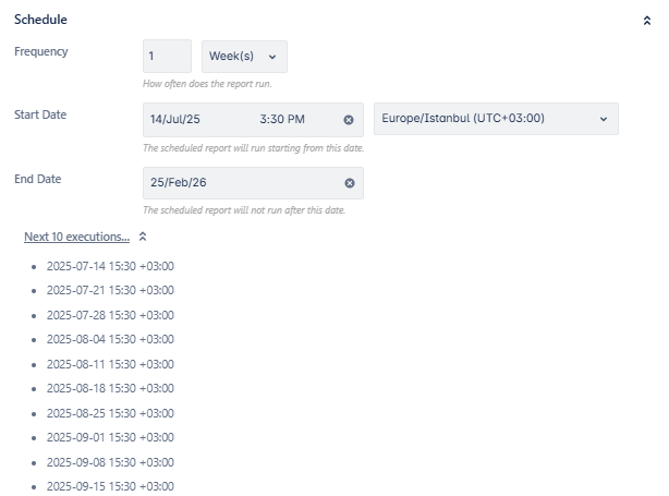 Easily schedule your report and set its frequency.